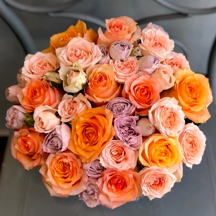 букет из комплиментарных цветов, сочетания цветов во флористике, букет из фиолетовых и оранжевых роз