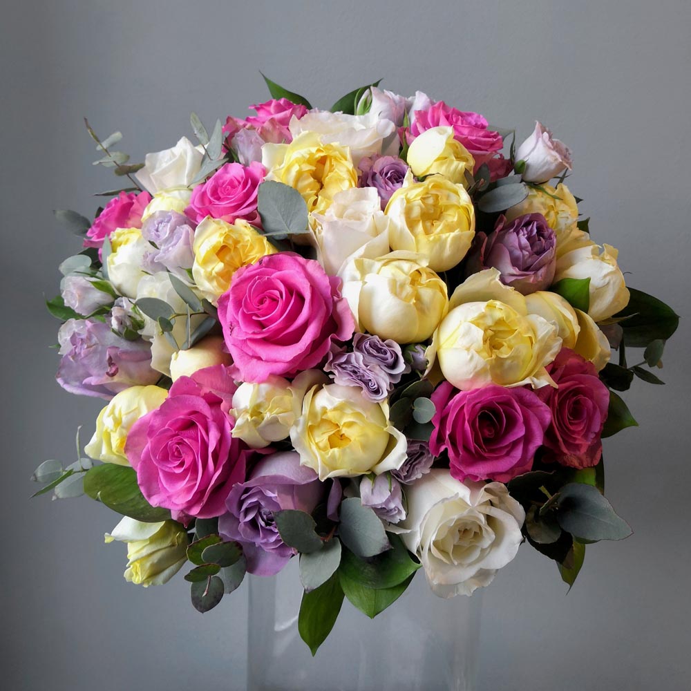 сорта желтых роз описание, Julietta Limoncello (Джульетта Лимончелло) желтые розы, букет из желтых, фиолетовых и розовых роз