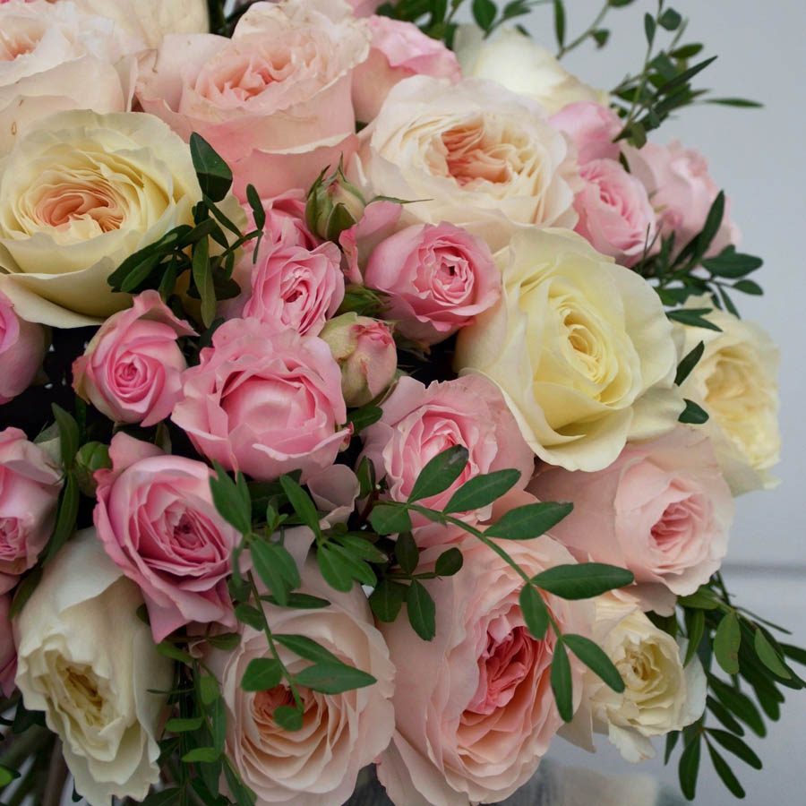 Fairy Kiss (Фейри Кис) кустовые розы в букетах, виды роз фейри кис, сорта кустовых роз из кении в букетах, нежно-розовая кустовая роза бутон, букет из желтых и розовых кустовых роз с зеленью