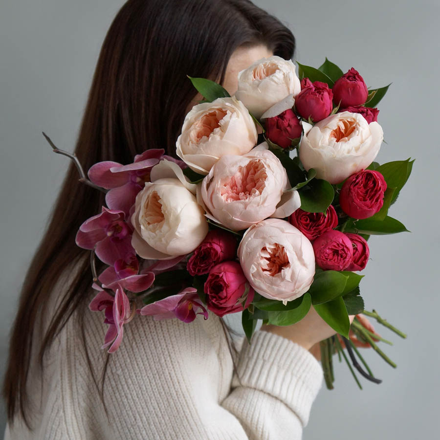 bouquet of peonies and orchids, beautiful bouquet of peonies and orchids