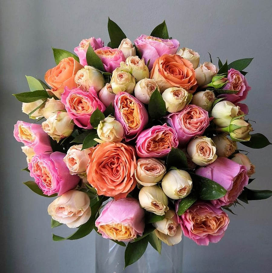 роза Country Home (Кантри Хоум), большой насыщенный букет из персиковых, коралловых, кремовых и розовых роз, всё про оранжевые розы, сорта роз оранжевых оттенков