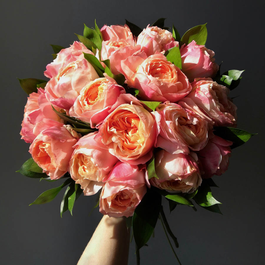 насыщенный букет из огненно-розовых роз, роза Princess Aiko (Принцесса Айко), всё про оранжевые розы, сорта роз оранжевых оттенков